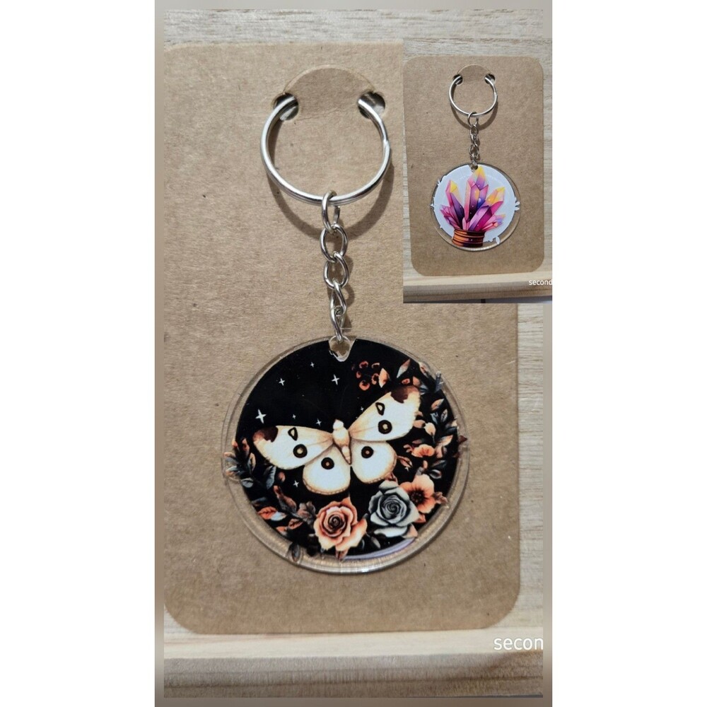 Hand Made Double Sided Mystical Moth And Crystals Keychain, Keyring, Purse Charm